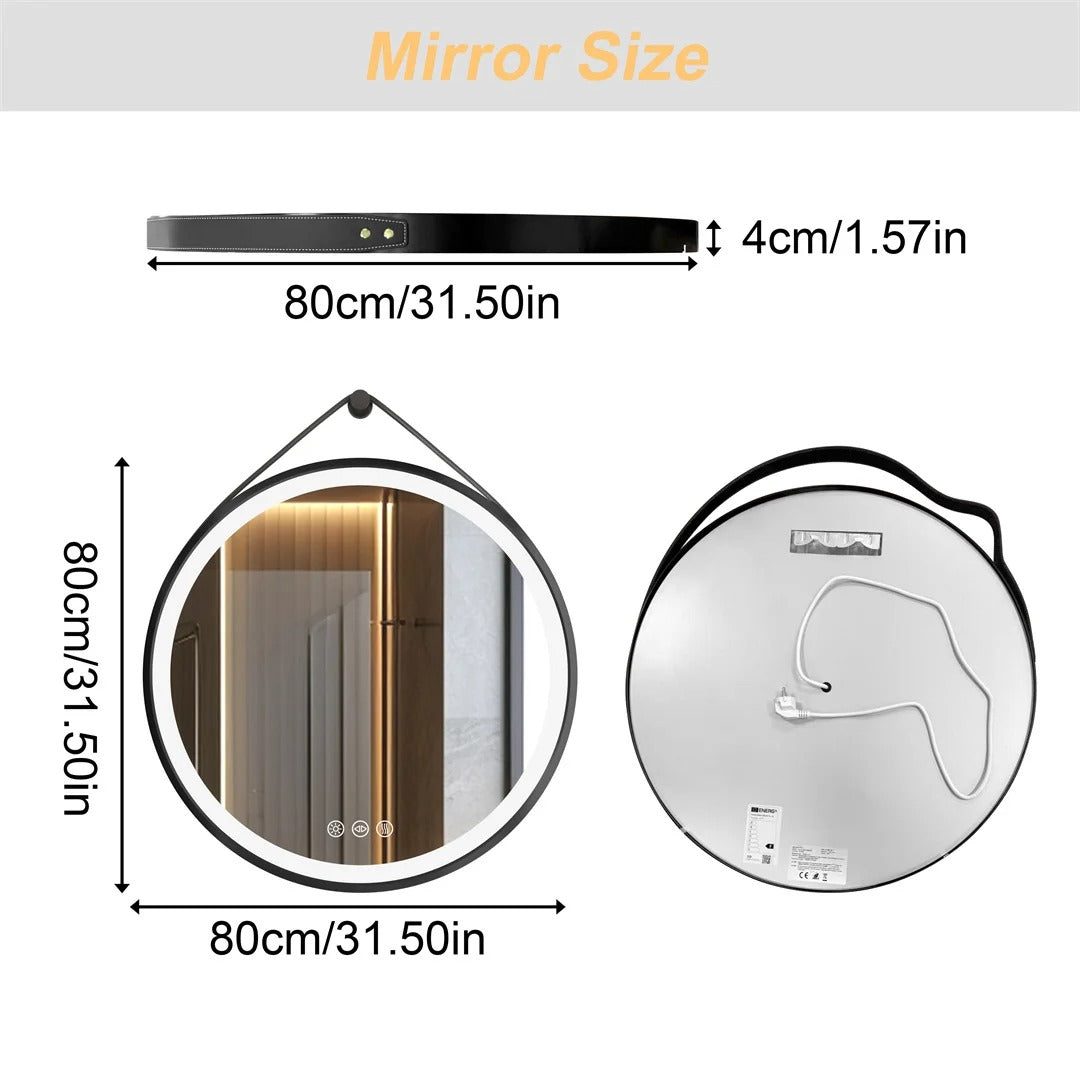 Radiant Halo Round LED Bathroom Mirror with Anti-Fog, Dimmable Lighting, and Leather Strap - Bluetooth Mirrors | LightMirror. Radiant Halo Round LED Bathroom Mirror with Anti-Fog, Dimmable Lighting, and Leather Strap - Bluetooth Mirrors | LightMirror.