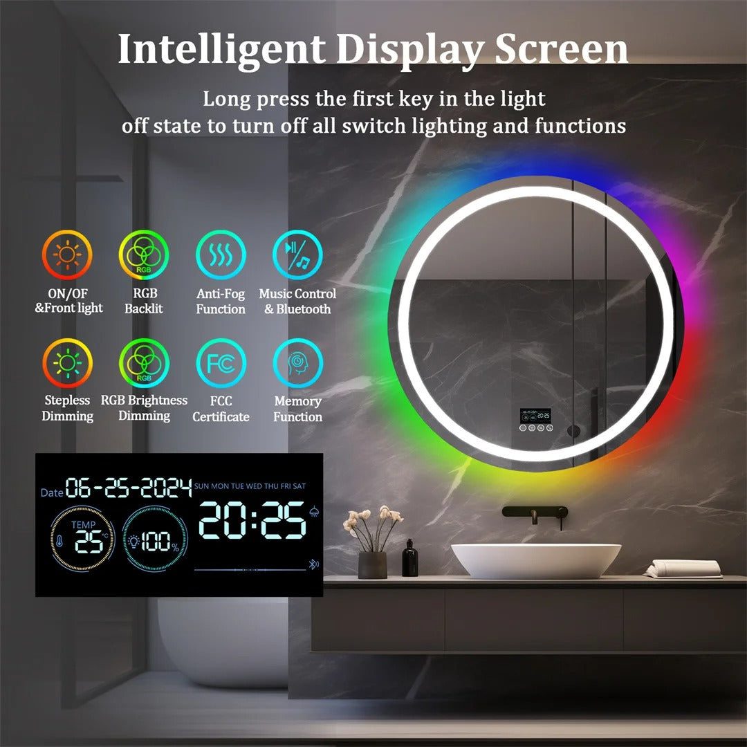 Round Smart RGB LED Bathroom Mirror with Bluetooth Speaker, Anti-Fog, and Dimmable L - Uncategorized | LightMirror.in Round Smart RGB LED Bathroom Mirror with Bluetooth Speaker, Anti-Fog, and Dimmable L - Uncategorized | LightMirror.in