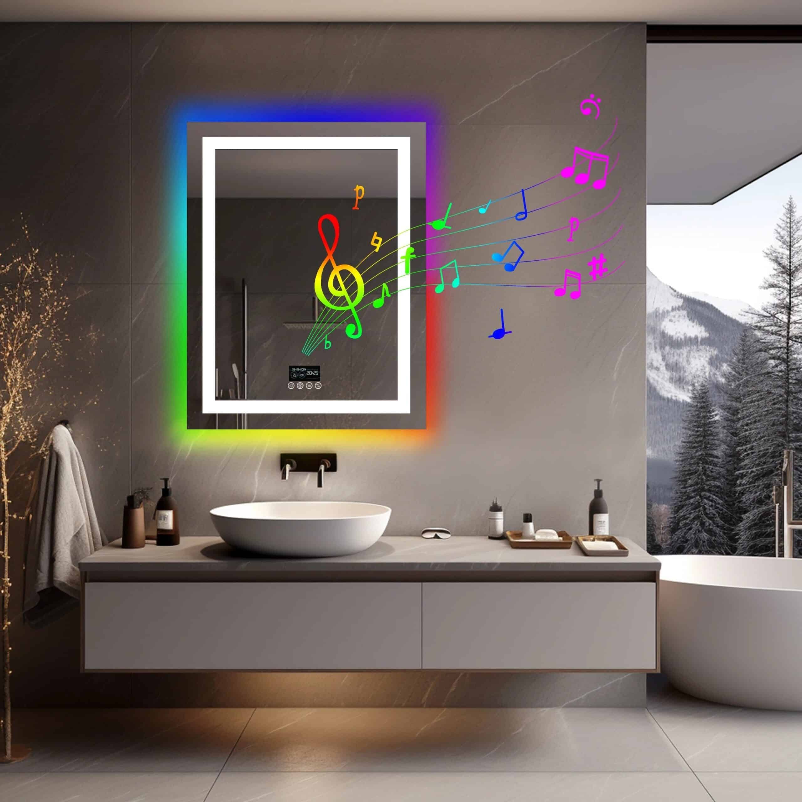 Rectangle Smart RGB LED Bathroom Mirror with Bluetooth Speaker, Anti-Fog, and Dimmable Lighting Rectangle Smart RGB LED Bathroom Mirror with Bluetooth Speaker, Anti-Fog, and Dimmable Lighting