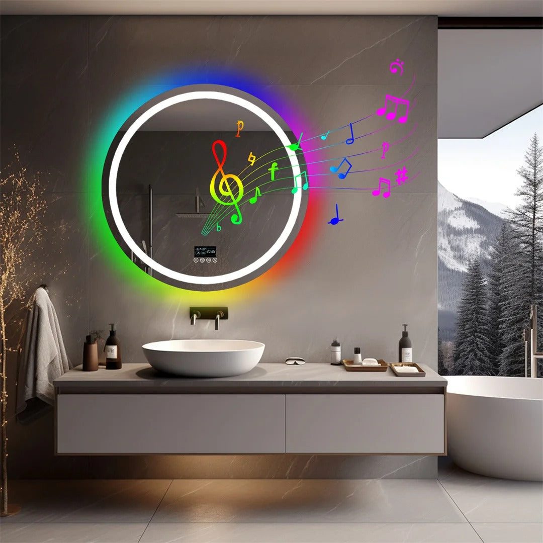 Round Smart RGB LED Bathroom Mirror with Bluetooth Speaker, Anti-Fog, and Dimmable L Round Smart RGB LED Bathroom Mirror with Bluetooth Speaker, Anti-Fog, and Dimmable L