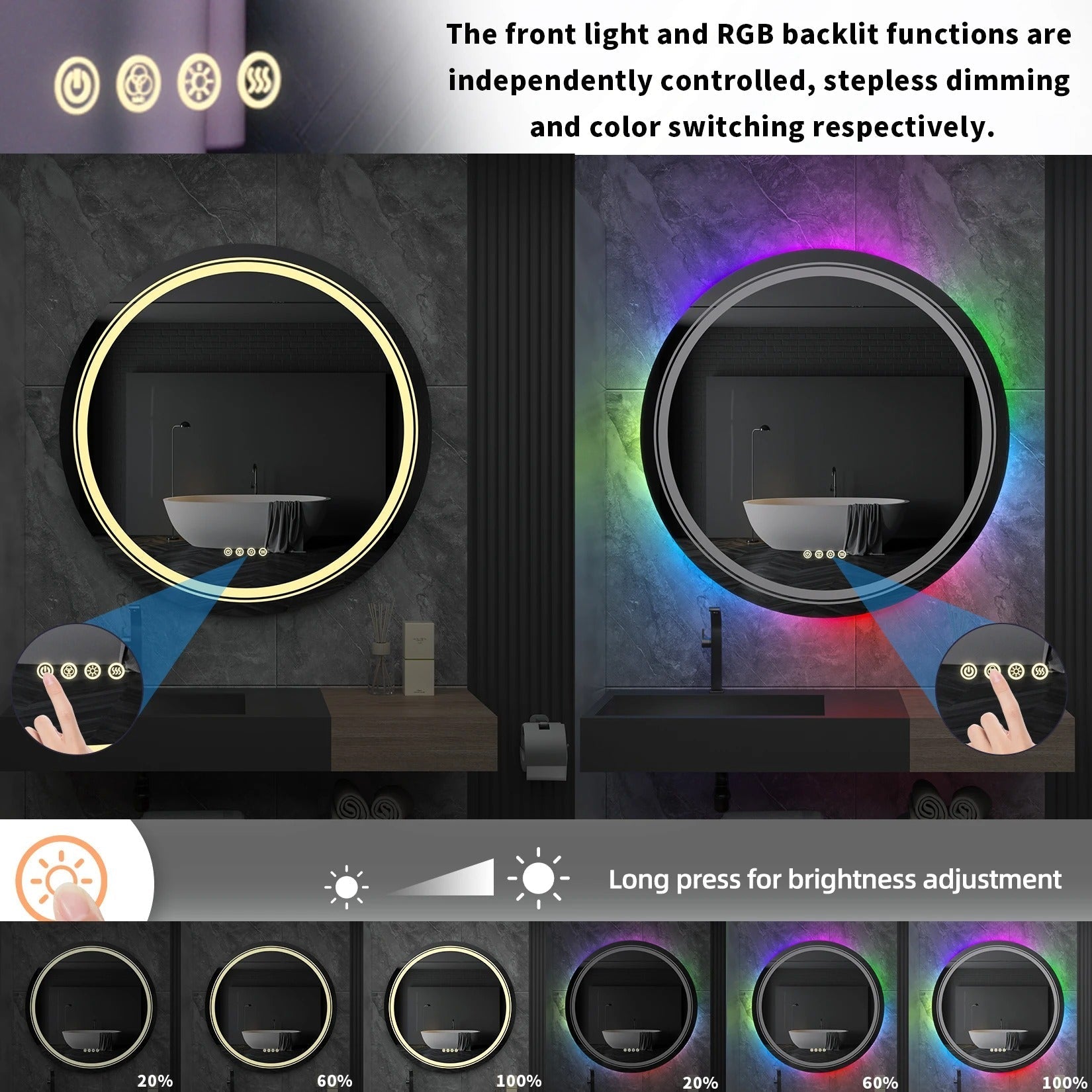 Spectrum Glow Round LED Bathroom Mirror – RGB Backlit, Anti-Fog, and Touch Controls - RGB Light | LightMirror.in Spectrum Glow Round LED Bathroom Mirror – RGB Backlit, Anti-Fog, and Touch Controls - RGB Light | LightMirror.in