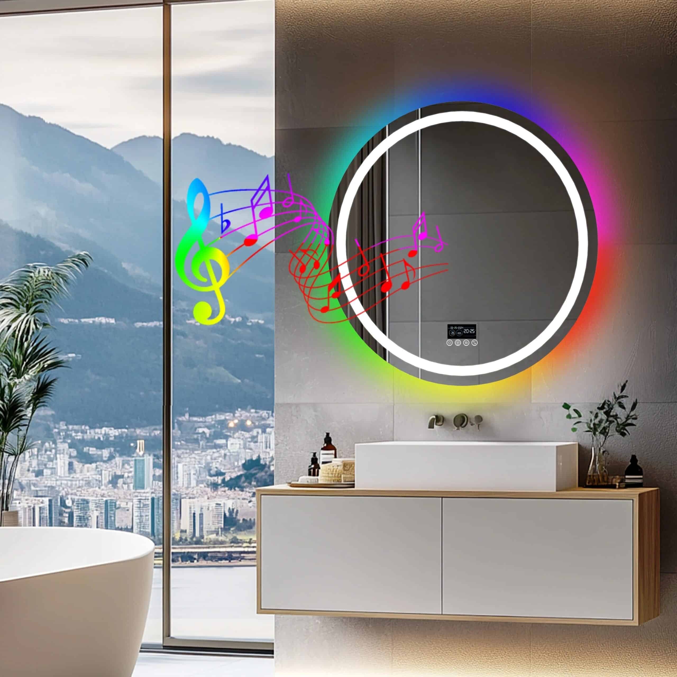 Round Smart RGB LED Bathroom Mirror with Bluetooth Speaker, Anti-Fog, and Dimmable L - Uncategorized | LightMirror.in Round Smart RGB LED Bathroom Mirror with Bluetooth Speaker, Anti-Fog, and Dimmable L - Uncategorized | LightMirror.in