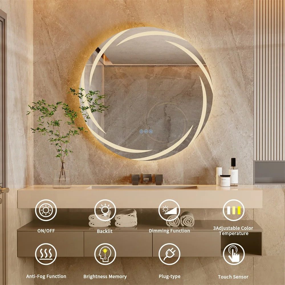 Round LED Bathroom Mirror with Anti-Fog, Dimmable Lighting, and Touch Controls - Bluetooth Mirrors | LightMirror.in Round LED Bathroom Mirror with Anti-Fog, Dimmable Lighting, and Touch Controls - Bluetooth Mirrors | LightMirror.in