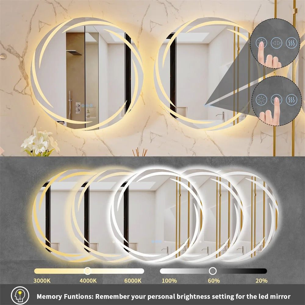 Round LED Bathroom Mirror with Anti-Fog, Dimmable Lighting, and Touch Controls - Bluetooth Mirrors | LightMirror.in Round LED Bathroom Mirror with Anti-Fog, Dimmable Lighting, and Touch Controls - Bluetooth Mirrors | LightMirror.in