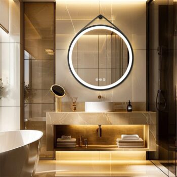 Radiant Halo Round LED Bathroom Mirror with Anti-Fog, Dimmable Lighting, and Leather Strap