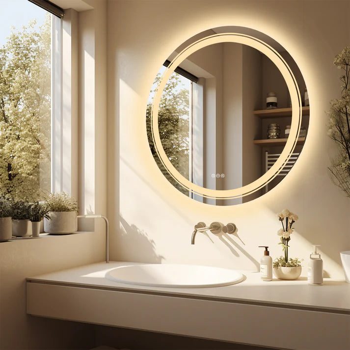 Frameless LED Bathroom Mirror with Dual Lighting, Anti-Fog, and Touch Controls – Modern Round Design - Bluetooth Mirrors | Li Frameless LED Bathroom Mirror with Dual Lighting, Anti-Fog, and Touch Controls – Modern Round Design - Bluetooth Mirrors | Li