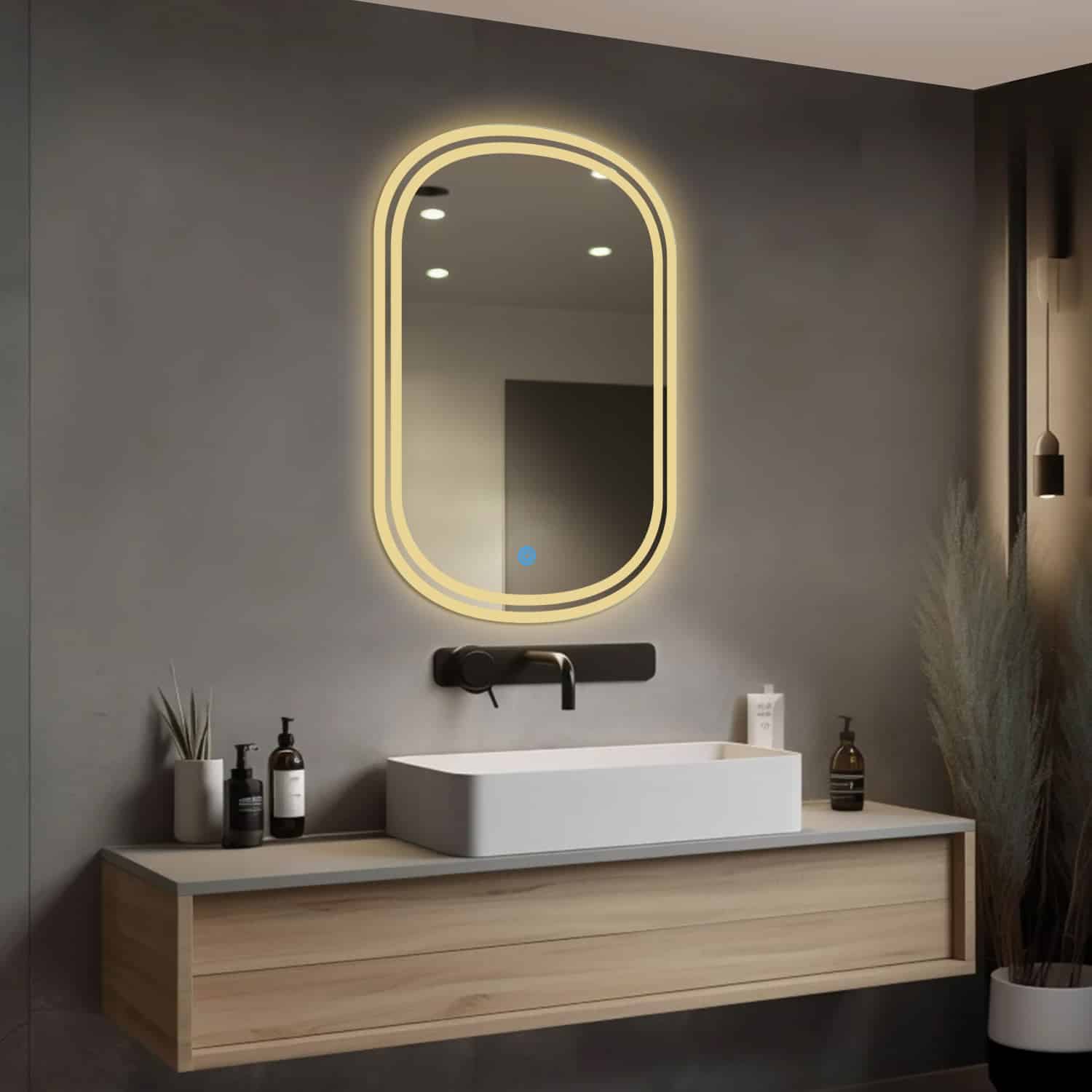 Frameless Oval LED Mirror with Soft Warm Illumination Frameless Oval LED Mirror with Soft Warm Illumination