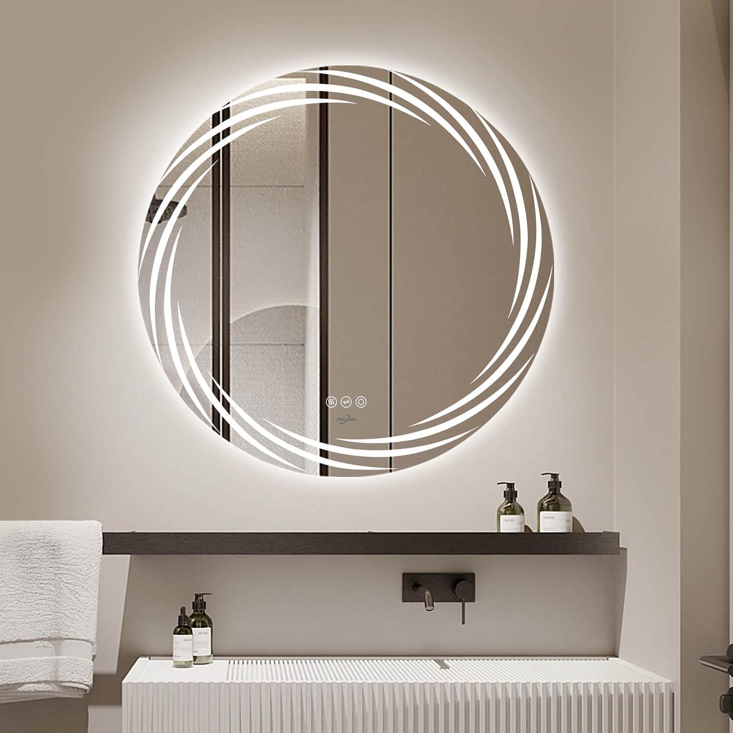 Designer Round LED Mirror with Multi-Line Light Frame Designer Round LED Mirror with Multi-Line Light Frame