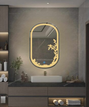 Etchingborderedgeledbathroommirrorglow Warmwhitelight Oval01 1.jpeg | LightMirror.in