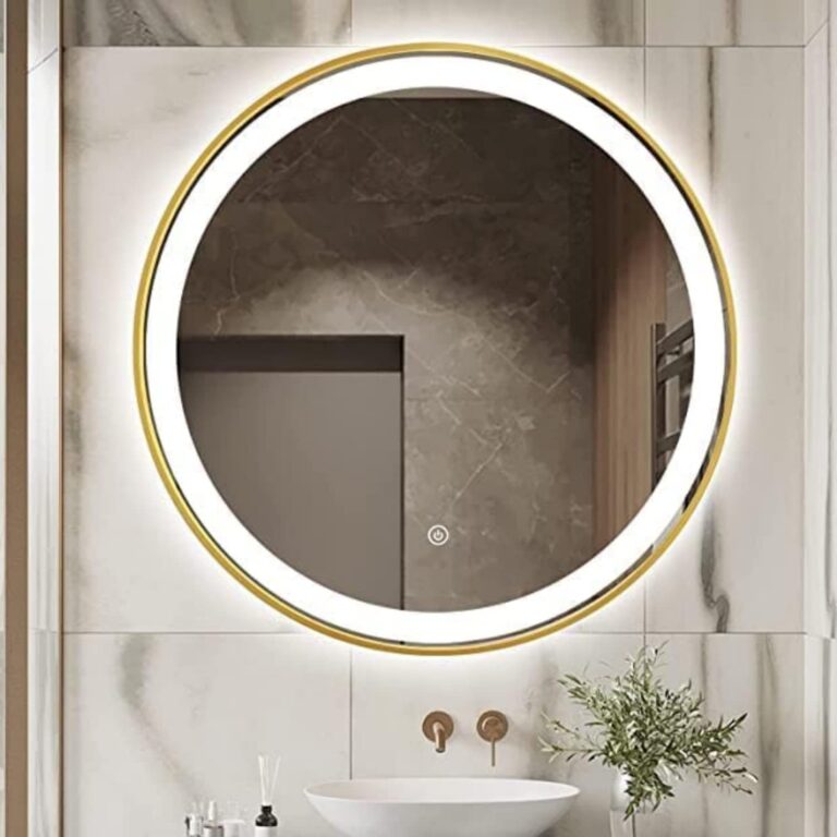 Keuna Gold Metal Framed Round LED Mirror - Dimmable Vanity Mirror - Framed LED Mirror | LightMirror.in Keuna Gold Metal Framed Round LED Mirror - Dimmable Vanity Mirror - Framed LED Mirror | LightMirror.in
