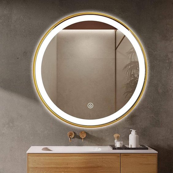 Keuna Gold Metal Framed Round LED Mirror - Dimmable Vanity Mirror - Framed LED Mirror | LightMirror.in Keuna Gold Metal Framed Round LED Mirror - Dimmable Vanity Mirror - Framed LED Mirror | LightMirror.in