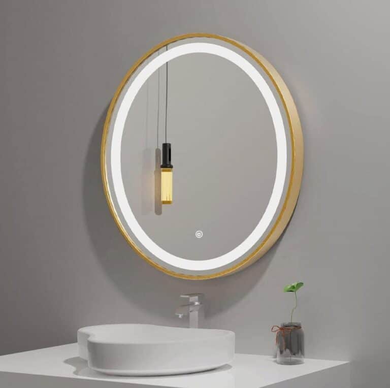 Keuna Gold Metal Framed Round LED Mirror - Dimmable Vanity Mirror - Framed LED Mirror | LightMirror.in Keuna Gold Metal Framed Round LED Mirror - Dimmable Vanity Mirror - Framed LED Mirror | LightMirror.in