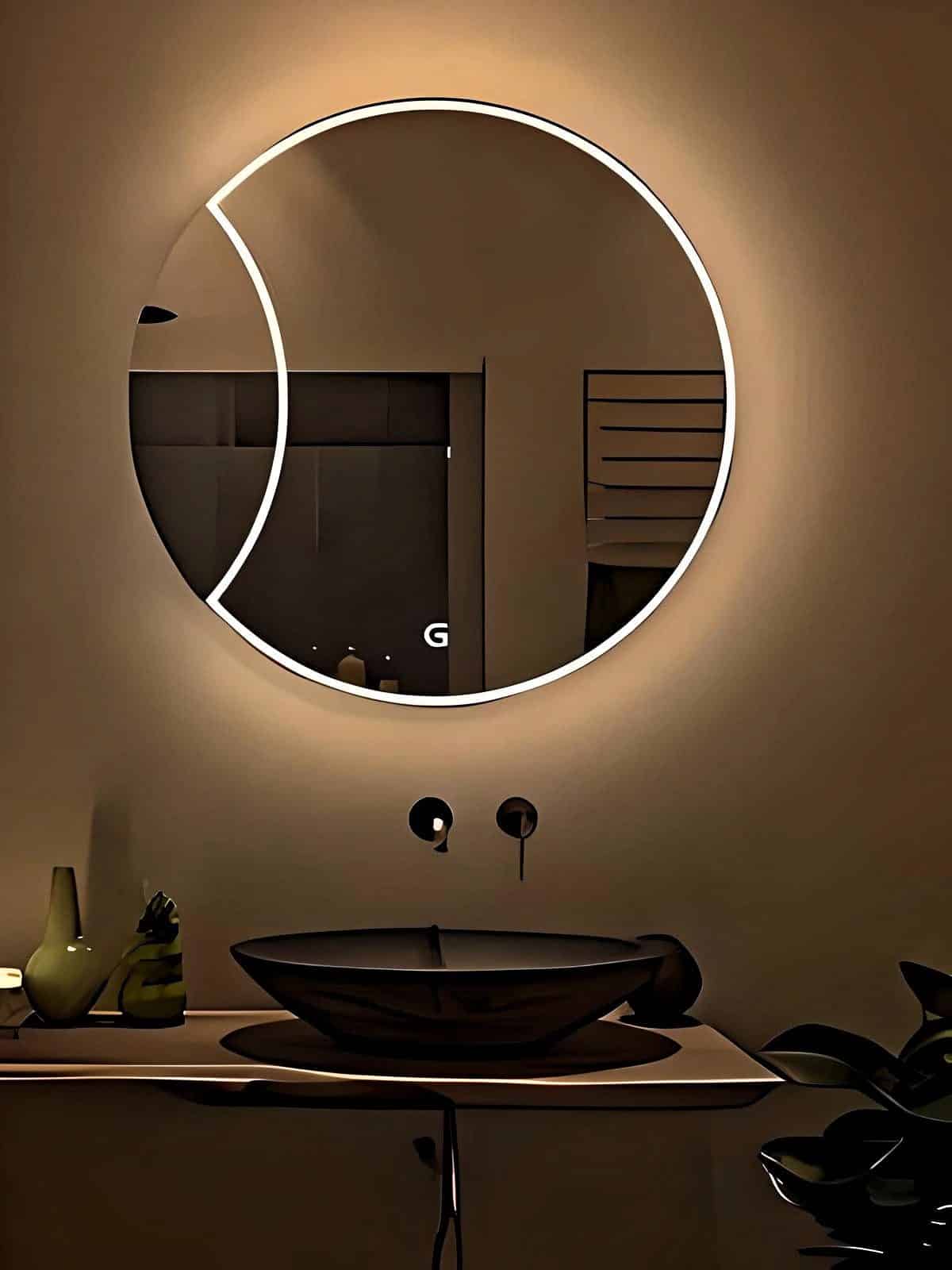 Artistic Round LED Mirror for a Serene Sanctuary Artistic Round LED Mirror for a Serene Sanctuary