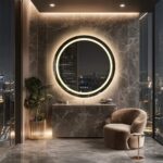 36″ Round LED Bathroom Mirror with Bluetooth Speaker, Anti-Fog, and Dimmable Lighting