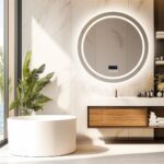 36″ Round LED Bathroom Mirror with Bluetooth Speaker, Anti-Fog, and Dimmable Lighting