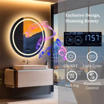 36" Round LED Bathroom Mirror with Bluetooth Speaker, Anti-Fog, and Dimmable Lighting