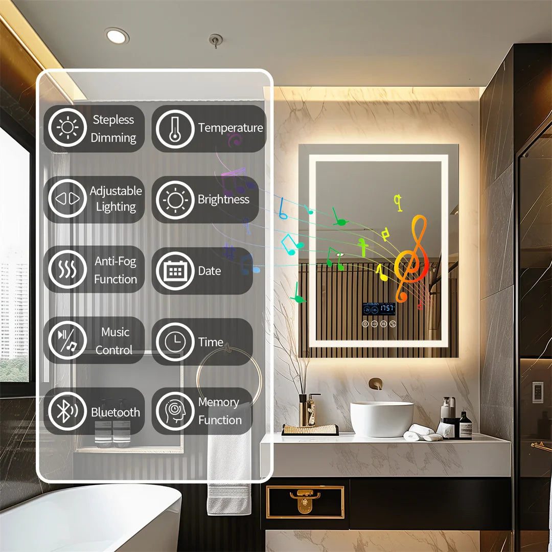 LED Bathroom Mirror with Bluetooth Speaker, Anti-Fog, and Dimmable Lighting - Bluetooth Mirrors | LightMirror.in LED Bathroom Mirror with Bluetooth Speaker, Anti-Fog, and Dimmable Lighting - Bluetooth Mirrors | LightMirror.in