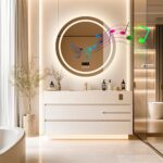 36″ Round LED Bathroom Mirror with Bluetooth Speaker, Anti-Fog, and Dimmable Lighting