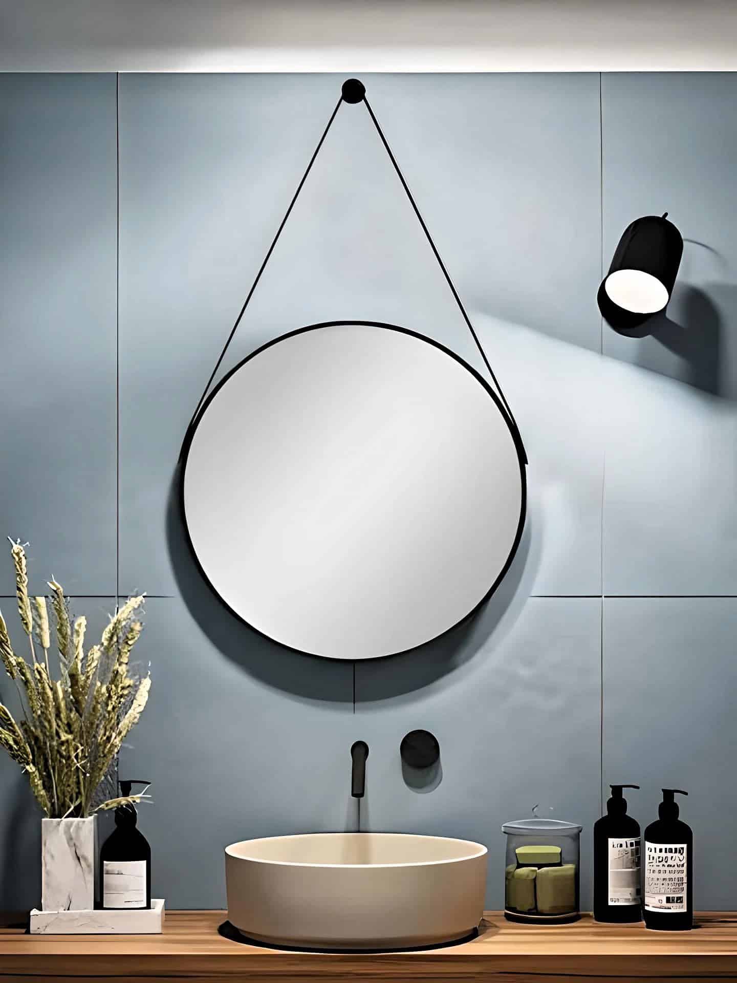 Minimalist Round Strap Mirror for Wash Basin Area Minimalist Round Strap Mirror for Wash Basin Area