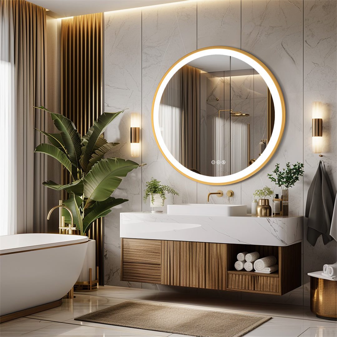 Golden Frame Round Bathroom Mirror with Anti-Fog and Smart LED Features - Bluetooth Mirrors | LightMirror.in Golden Frame Round Bathroom Mirror with Anti-Fog and Smart LED Features - Bluetooth Mirrors | LightMirror.in