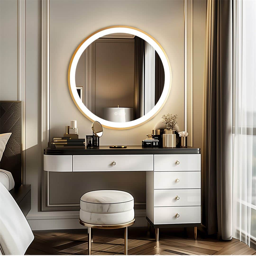 Golden Frame Round Bathroom Mirror with Anti-Fog and Smart LED Features - Bluetooth Mirrors | LightMirror.in Golden Frame Round Bathroom Mirror with Anti-Fog and Smart LED Features - Bluetooth Mirrors | LightMirror.in