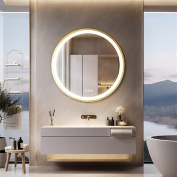 Golden Frame Round Bathroom Mirror with Anti-Fog and Smart LED Features