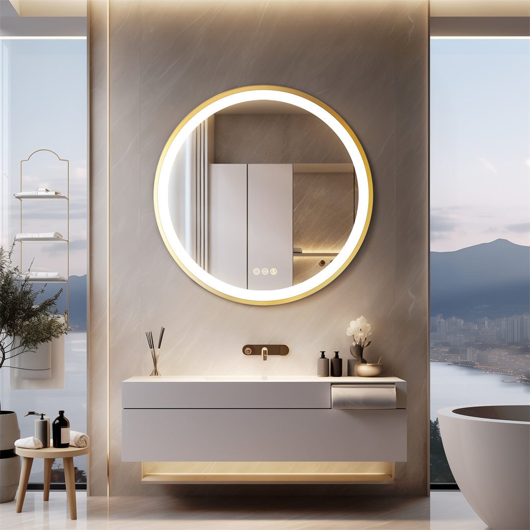 Golden Frame Round Bathroom Mirror with Anti-Fog and Smart LED Features Golden Frame Round Bathroom Mirror with Anti-Fog and Smart LED Features
