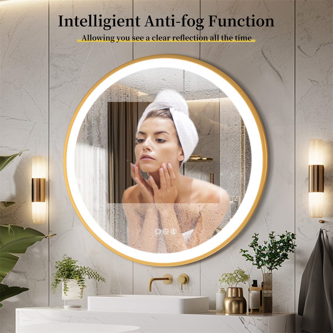 Golden Frame Round Bathroom Mirror with Anti-Fog and Smart LED Features - Bluetooth Mirrors | LightMirror.in Golden Frame Round Bathroom Mirror with Anti-Fog and Smart LED Features - Bluetooth Mirrors | LightMirror.in