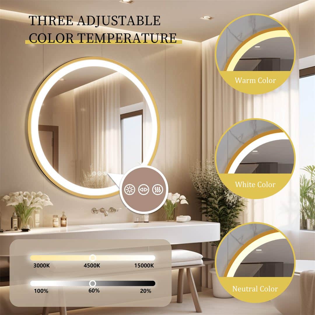 Golden Frame Round Bathroom Mirror with Anti-Fog and Smart LED Features - Bluetooth Mirrors | LightMirror.in Golden Frame Round Bathroom Mirror with Anti-Fog and Smart LED Features - Bluetooth Mirrors | LightMirror.in