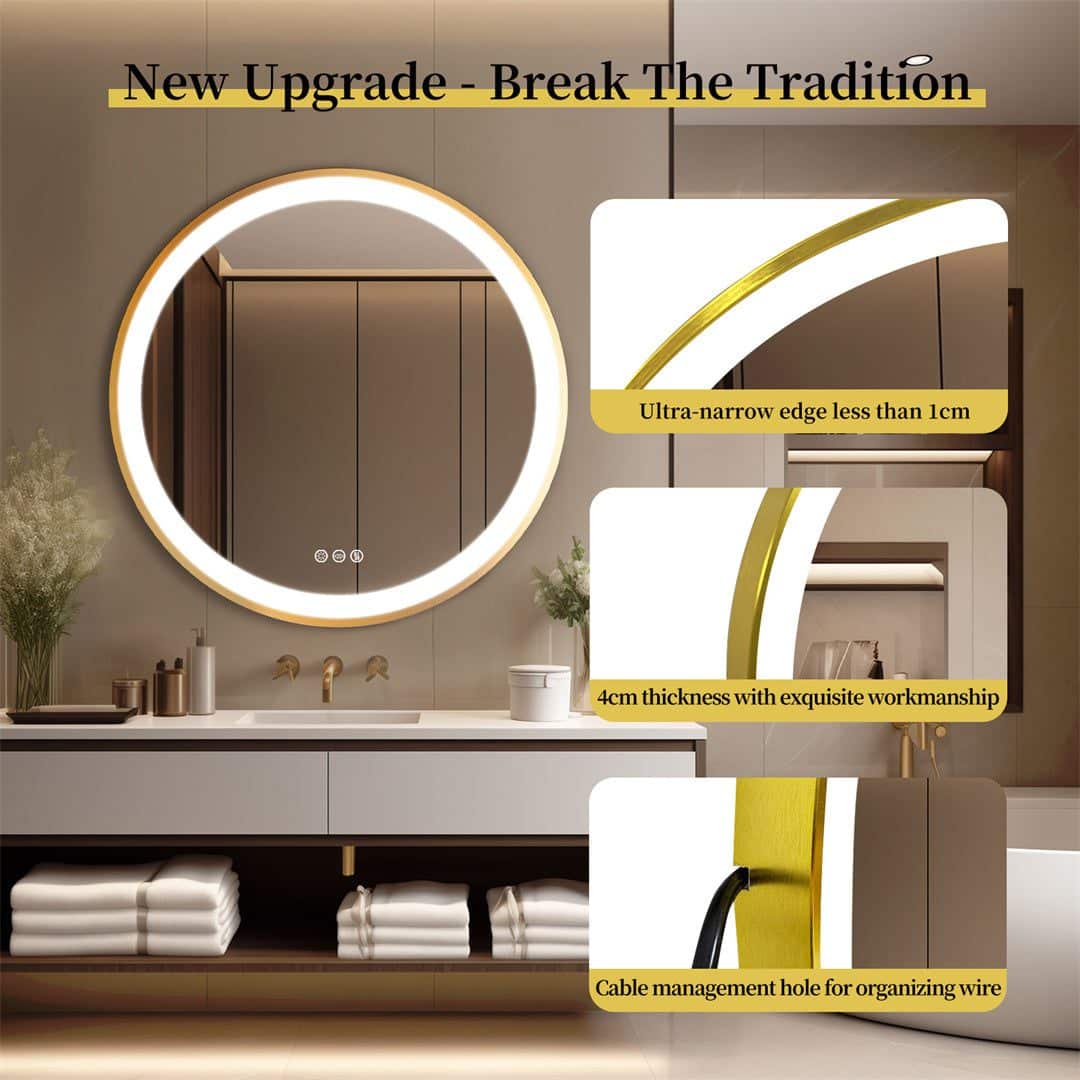 Golden Frame Round Bathroom Mirror with Anti-Fog and Smart LED Features - Bluetooth Mirrors | LightMirror.in Golden Frame Round Bathroom Mirror with Anti-Fog and Smart LED Features - Bluetooth Mirrors | LightMirror.in