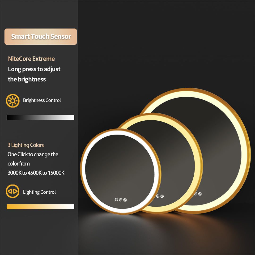 Golden Frame Round Bathroom Mirror with Anti-Fog and Smart LED Features - Bluetooth Mirrors | LightMirror.in Golden Frame Round Bathroom Mirror with Anti-Fog and Smart LED Features - Bluetooth Mirrors | LightMirror.in