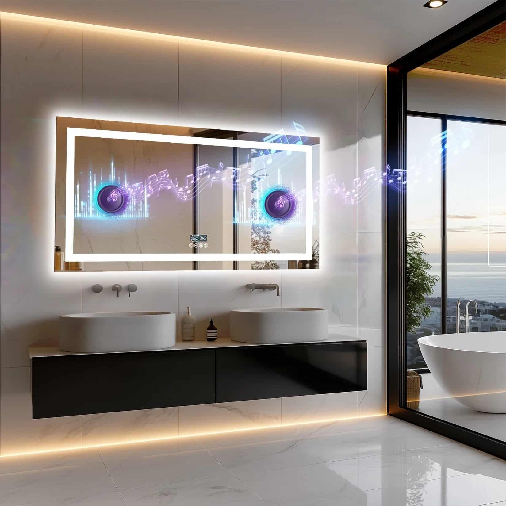 Smart LED Bathroom Mirror with Bluetooth Speaker, Anti-Fog, and Dimmable Lighting Smart LED Bathroom Mirror with Bluetooth Speaker, Anti-Fog, and Dimmable Lighting