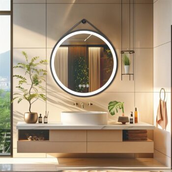 Radiant Halo Round LED Bathroom Mirror with Anti-Fog, Dimmable Lighting, and Leather Strap - Bluetooth Mirrors | LightMirror.