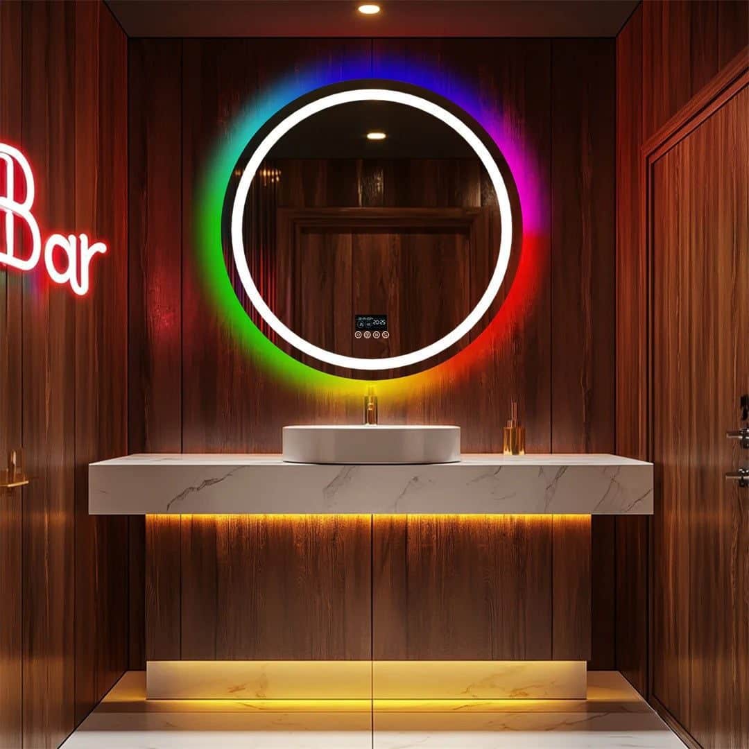 Round Smart RGB LED Bathroom Mirror with Bluetooth Speaker, Anti-Fog, and Dimmable L - Uncategorized | LightMirror.in Round Smart RGB LED Bathroom Mirror with Bluetooth Speaker, Anti-Fog, and Dimmable L - Uncategorized | LightMirror.in
