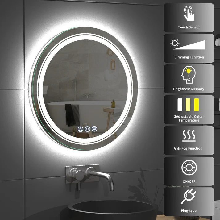Frameless LED Bathroom Mirror with Dual Lighting, Anti-Fog, and Touch Controls – Modern Round Design - Bluetooth Mirrors | Li Frameless LED Bathroom Mirror with Dual Lighting, Anti-Fog, and Touch Controls – Modern Round Design - Bluetooth Mirrors | Li