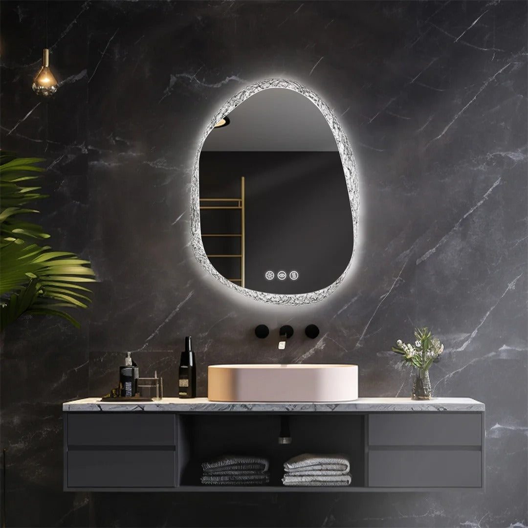 Irregular LED Bathroom Mirror with Touch Sensor, Anti-Fog, and Backlit Lighting - Bluetooth Mirrors | LightMirror.in Irregular LED Bathroom Mirror with Touch Sensor, Anti-Fog, and Backlit Lighting - Bluetooth Mirrors | LightMirror.in