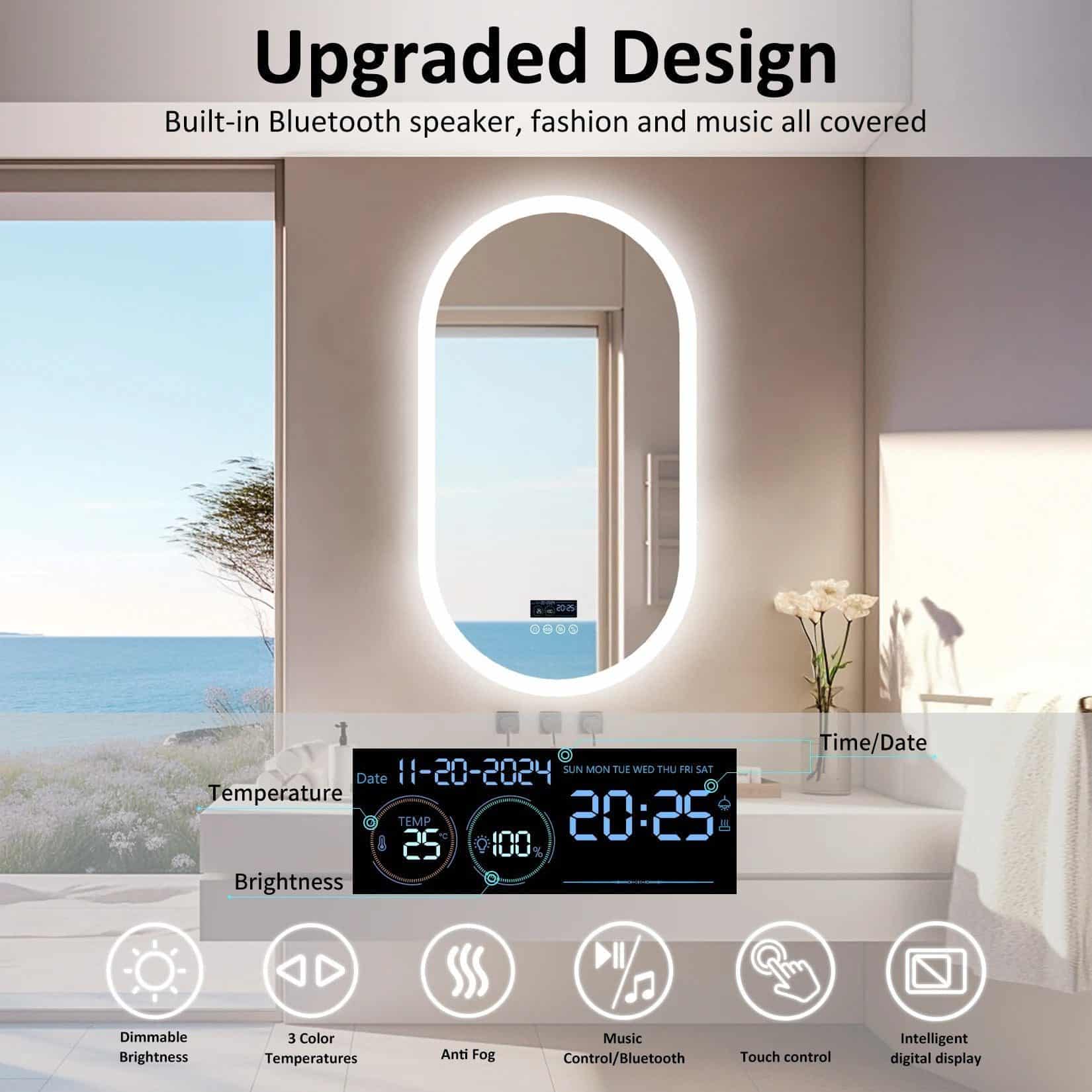 Modern Oval LED Bathroom Mirror with Bluetooth Speaker, Anti-Fog, and Touch-Sensor Lighting - Bluetooth Mirrors | LightMirror Modern Oval LED Bathroom Mirror with Bluetooth Speaker, Anti-Fog, and Touch-Sensor Lighting - Bluetooth Mirrors | LightMirror