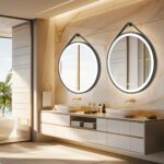 Radiant Halo Round LED Bathroom Mirror with Anti-Fog, Dimmable Lighting, and Leather Strap
