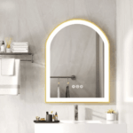 Frontlit Arched LED Illuminated Bathroom Mirror with Gold Frame and Anti-Fog