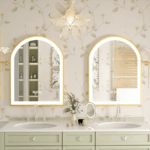 Frontlit Arched LED Illuminated Bathroom Mirror with Gold Frame and Anti-Fog