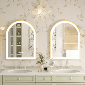 Frontlit Arched LED Illuminated Bathroom Mirror with Gold Frame and Anti-Fog