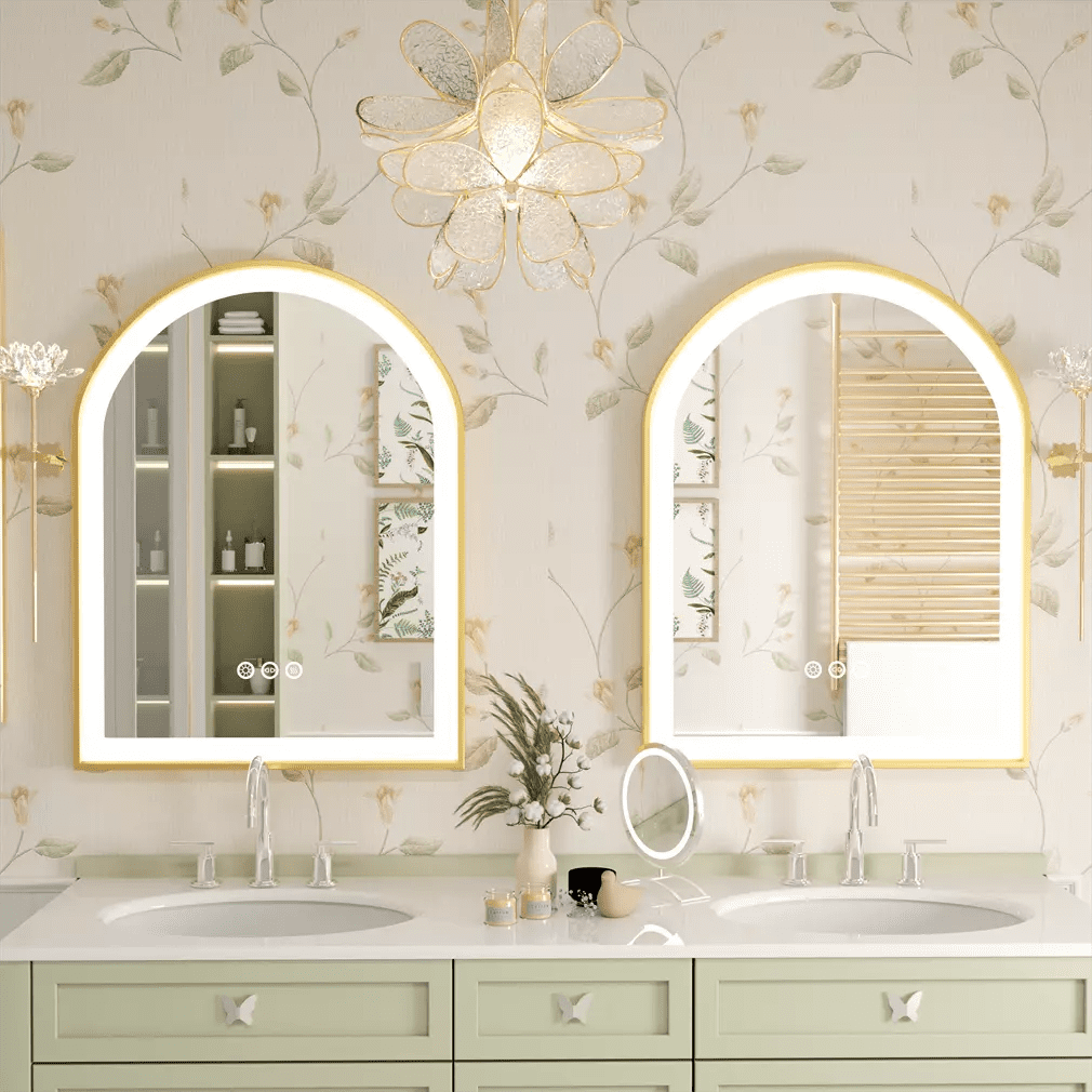 Frontlit Arched LED Illuminated Bathroom Mirror with Gold Frame and Anti-Fog Frontlit Arched LED Illuminated Bathroom Mirror with Gold Frame and Anti-Fog