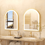 Frontlit Arched LED Illuminated Bathroom Mirror with Gold Frame and Anti-Fog