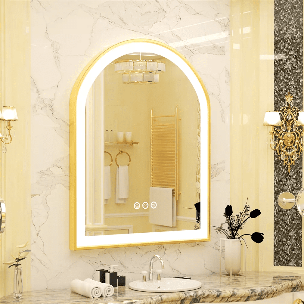LED mirror placed on a bedroom vanity with modern design elements. LED mirror placed on a bedroom vanity with modern design elements.