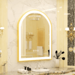 Frontlit Arched LED Illuminated Bathroom Mirror with Gold Frame and Anti-Fog